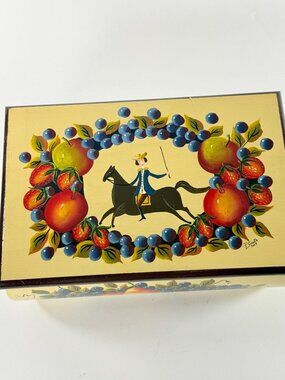 Hand Painted Wooden Trinket Box With Fruit & Horse Rider Design Signed By Artist